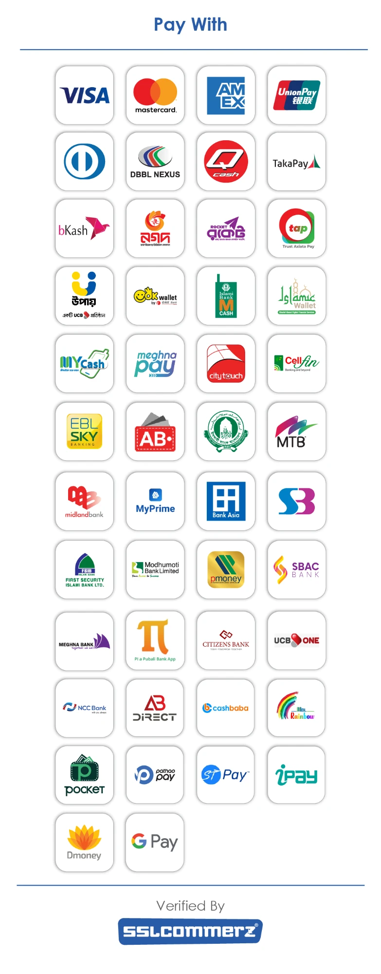Pay with Visa, Mastercard, American Express, bKash, Nagad, Rocket and other cards, mobile wallets and bank apps. Verified by SSLCommerz.